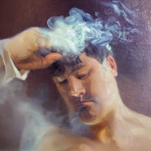 Prompt: An impressionist oil painting of a human thinking so hard that smoke is coming out of the head