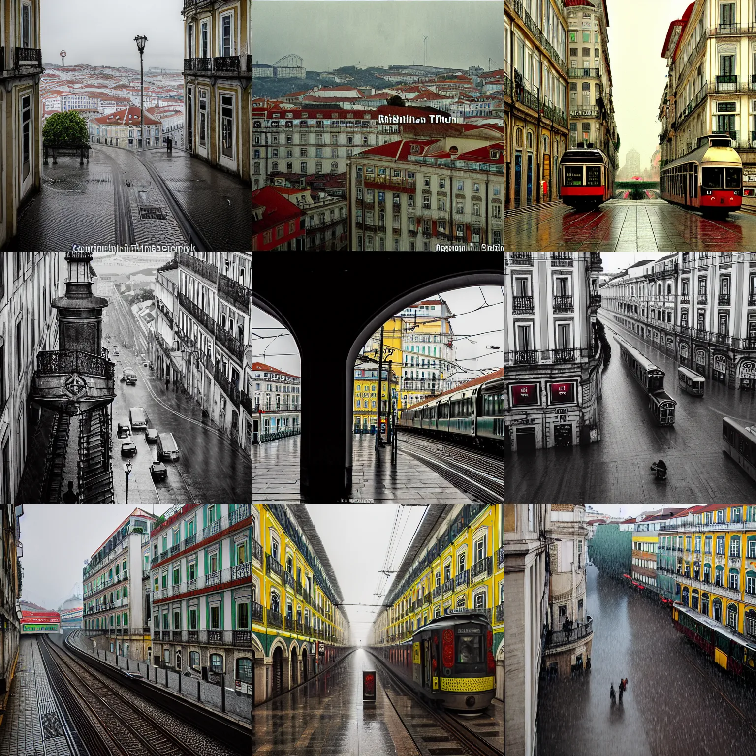 Prompt: The Raining City of Lisbon downtown from the train station, XF IQ4 150MP Camera photo, rich cinematic atmosphere, alphonse mucha