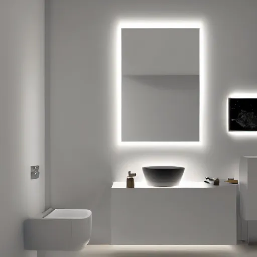 Prompt: bathroom with warm white led strip lighting, photorealistic, product render