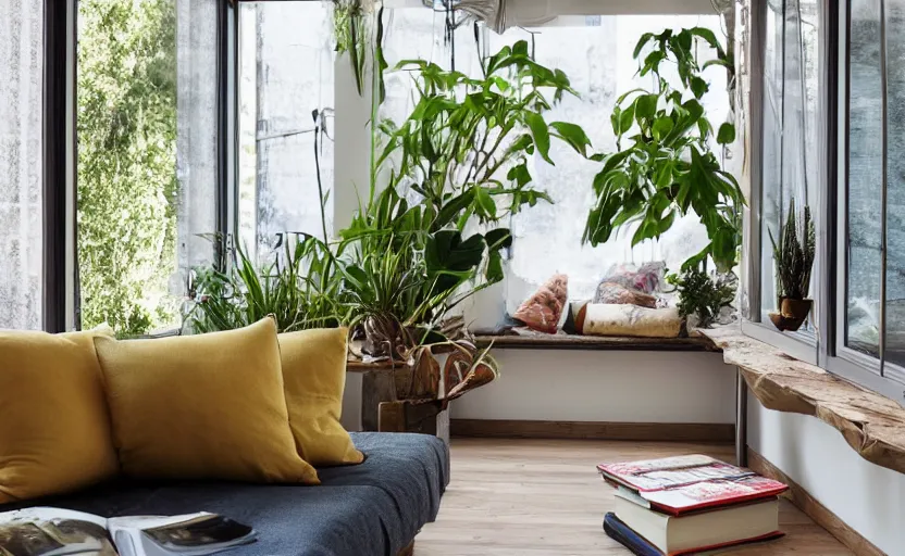 Image similar to interior desing magazine photo of a big window with a wooden frame to sit on, some sandy yellow pillows, there are some books on a small integrated shelf, hanging plants, great architecture, ambient light, 8k