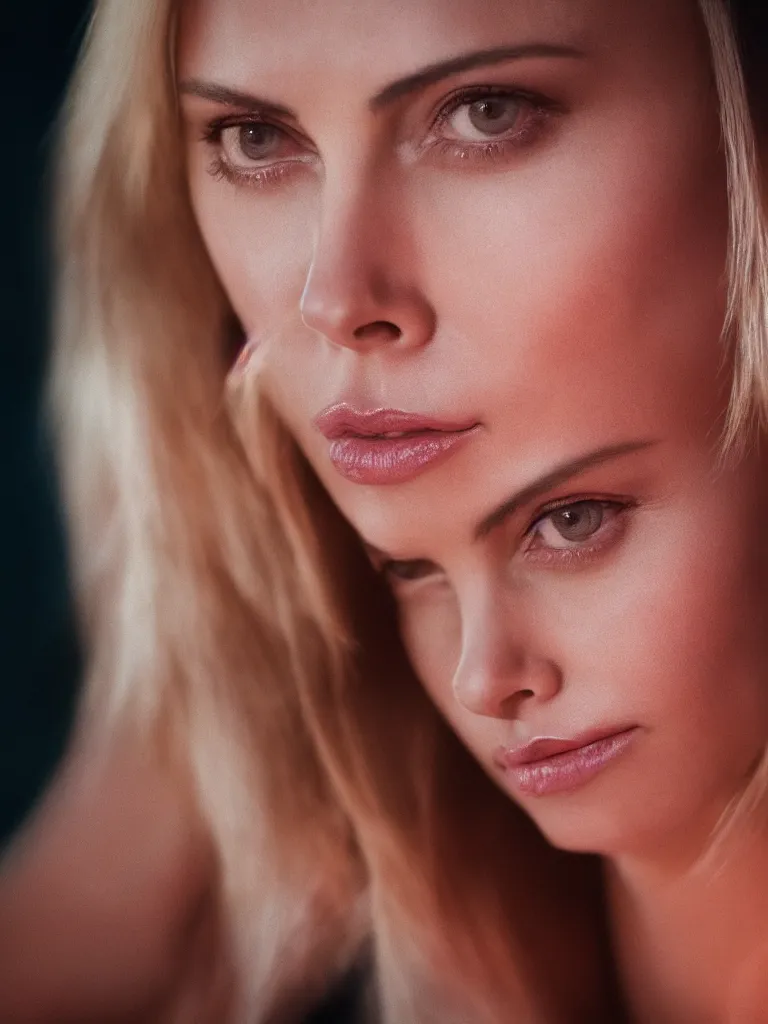 Image similar to hyper realistic portrait of Charlize Theron illuminated by red light , night , 85 mm f1.4 ,