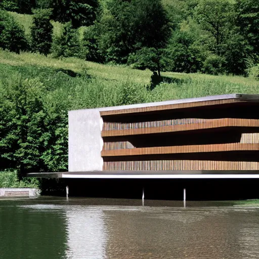 Prompt: a house by the river rhein designed by peter zumthor