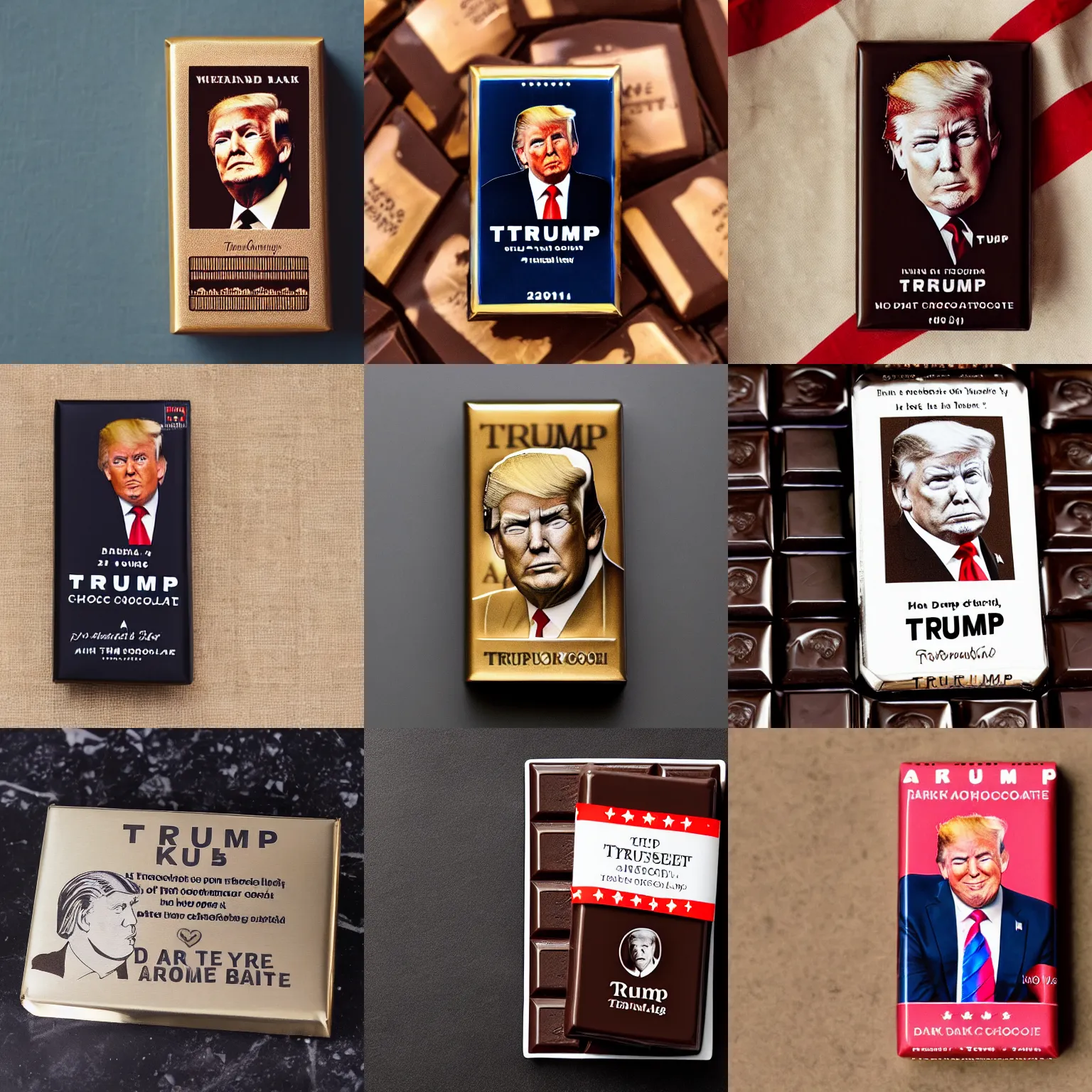 Prompt: trump as engraving on dark chocolate bar