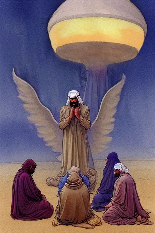 Image similar to a hyperrealist watercolour character concept art portrait of a group of middle eastern men kneeling down in prayer in front of a giant angel on a misty night in the desert. a ufo is in the background. by rebecca guay, michael kaluta, charles vess and jean moebius giraud