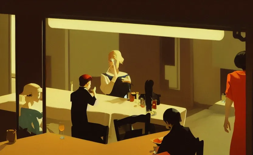 Image similar to a mysterious dinner scene illustration by atey ghailan and escher and edward hopper, japanese surreal