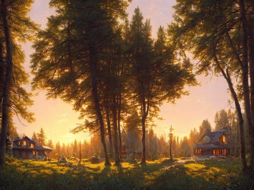 Prompt: beautiful landscape house in the village summer, evening, sun is going down warm color palette natural lighting, soft light, artstation high detailed, melancholy pastel art, oil on canvas by ivan shishkin and simon stalenhag