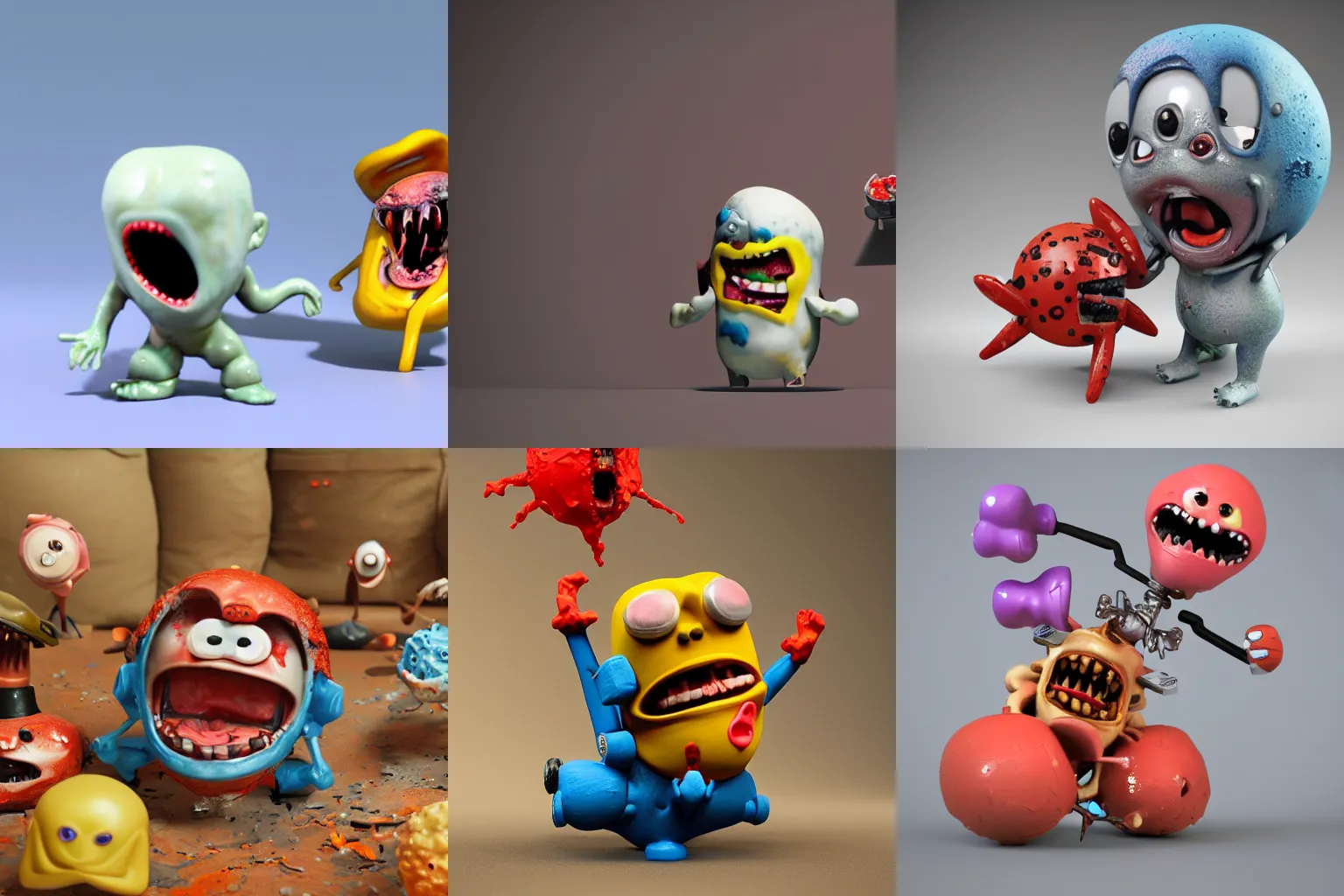 Prompt: dissection of funny, angry screaming with tongue out ceramic exploding crash miniature toy resin Figure mechabot falling apart 8K, c4d, 3d primitives, in a Studio hollow, surrounded by flying parts, explosion drawing, by pixar, beeple, by jeff koons, blender donut tutorial