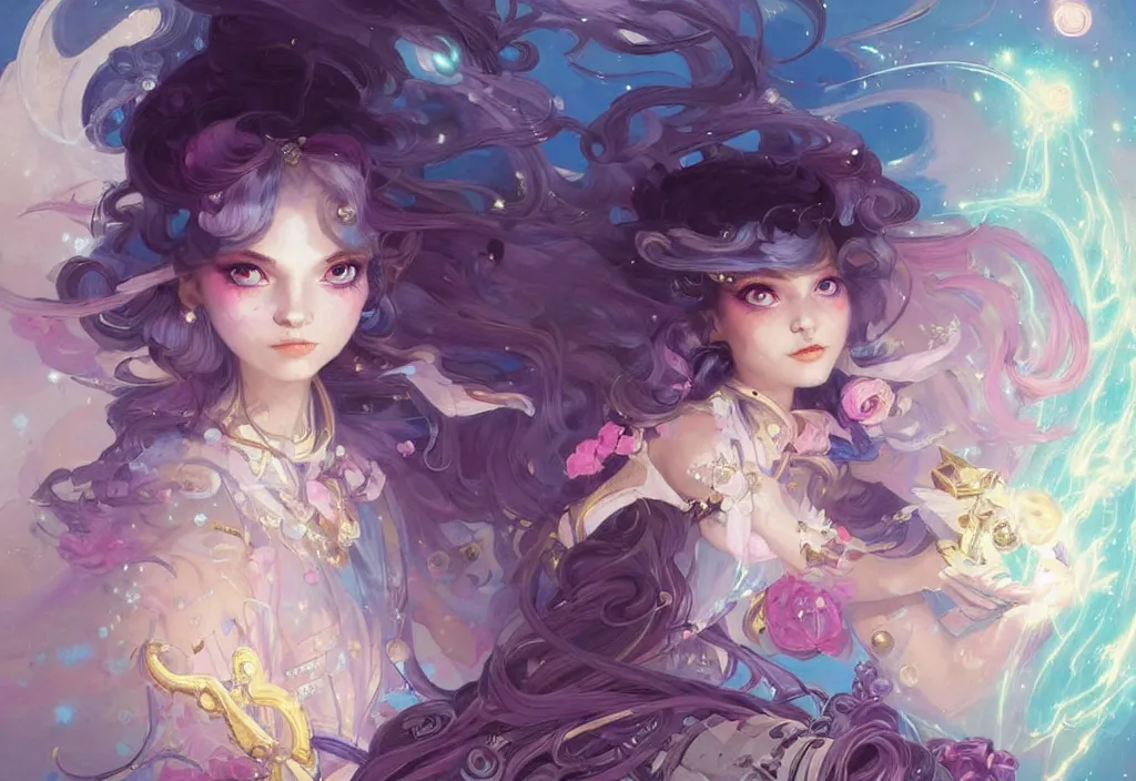 Image similar to close up picture of an maximalist dress magical girl, neat hair with bangs, smug face, extremely beautiful and aesthetic and detailed cute face and eyes, wipe out evils with cute astronaut familiar sprites, aming the magical beams to the camera, chiaroscuro, intricate, masterpiece, epic fantasy illustrations by peter mohrbacher and anato finnstark and jeremy lipking