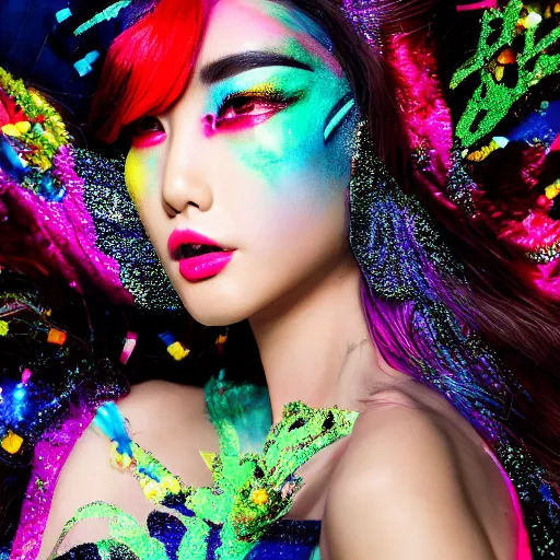 Image similar to japanese model with maximalist hair style and makeup, bright colors, fashion model, portrait shot, glitter, depth of field, 8 k, hyper detailed, intricate, trending on artstation