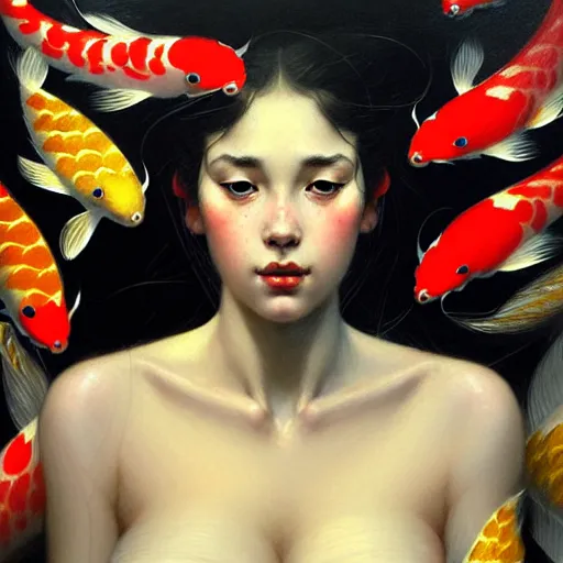 Image similar to Portrait of a girl surrounded by Koi fish, face, fantasy, intricate, elegant, highly detailed, digital painting, artstation, concept art, smooth, sharp focus, illustration, art by Heady Tale and Artem Demura and Norman Rockwell