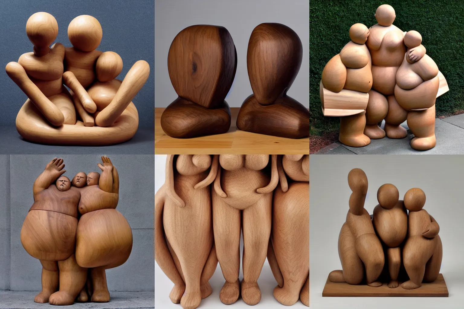 Prompt: abstract wood sculpture of three fat people caressing