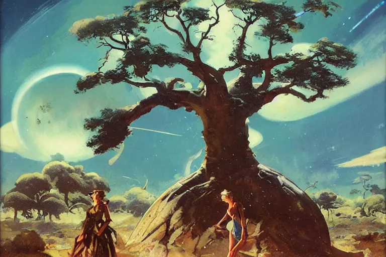 Image similar to 5 0 s pulp scifi illustration, space girl beside baobab tree in english countryside, storm on horizon, by wadim kashin, norman rockwell, morgan weistling, earle bergey, craig mullins, ruan jia, chris foss, tyler edlin