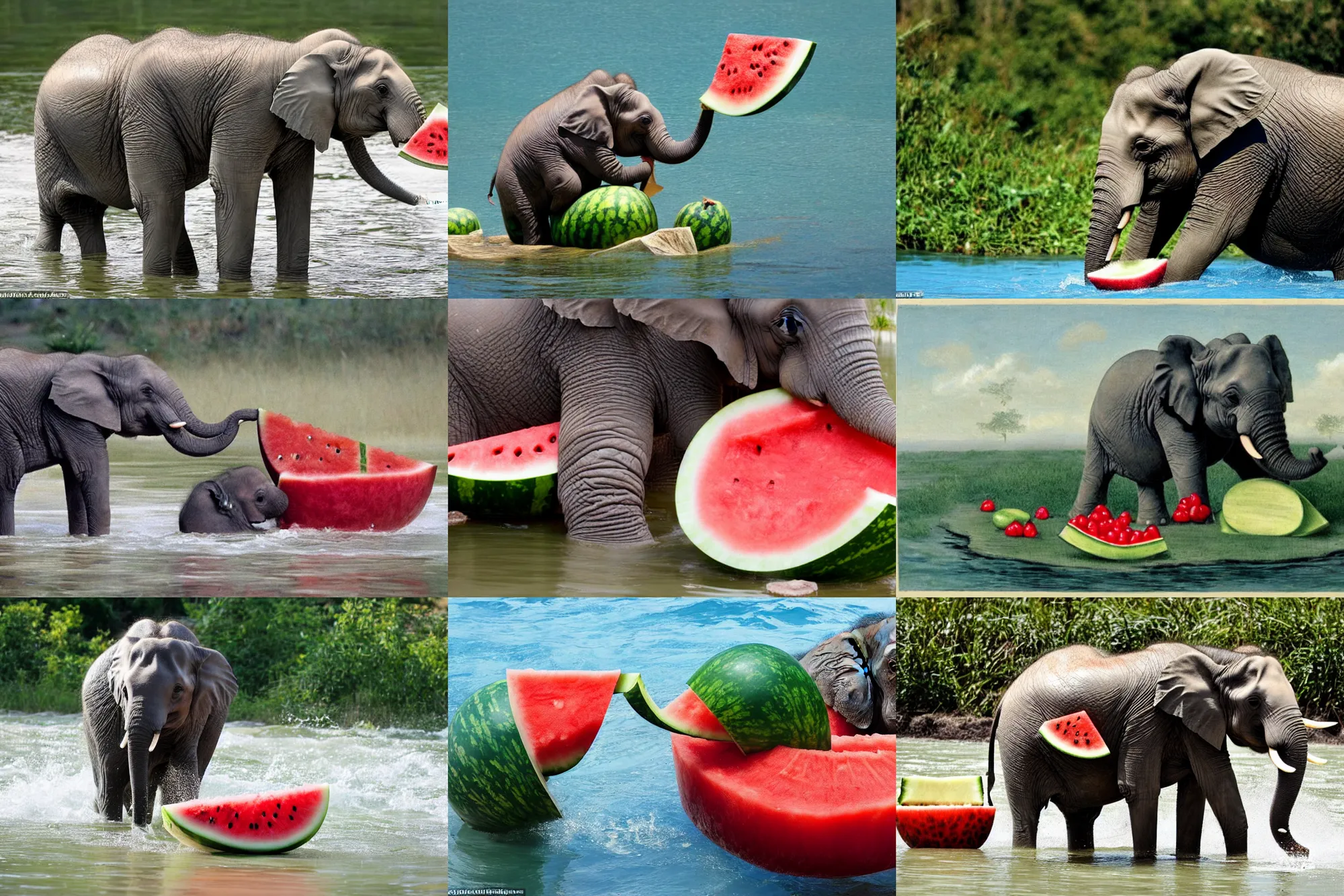 Prompt: a small elephant bathes sits in a watermelon and swims along the river of milk