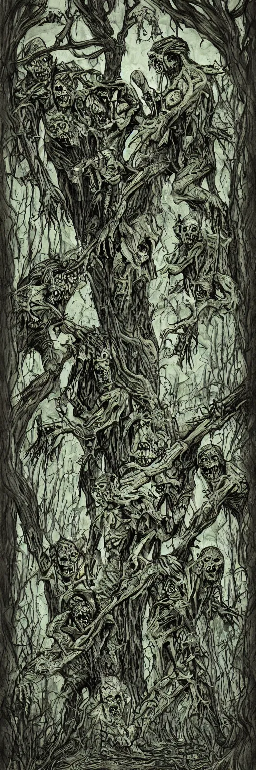 Prompt: three zombies creeping through a swamp by bernie wrightston, dark, heavy shading, archway of tree branches