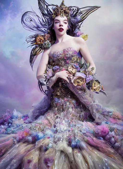 Prompt: expressive full body photo of anya taylor - joy, dress made of sweets, glamour shot, by karol bak, stefan gesell, photorealistic, nikon d 4 x, fashion photography, hyper maximalist, elegant, ornate, luxury, elite, environmental portrait, symmetrical features, octane render, unreal engine, solid dark grey background, dramatic lights