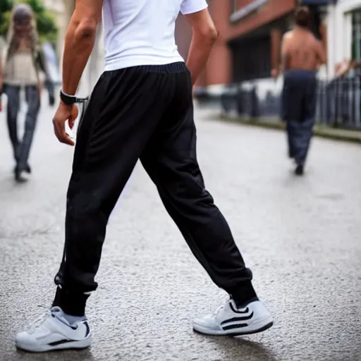 Prompt: skinny mixed race man wearing a tracksuit with saggy trousers london