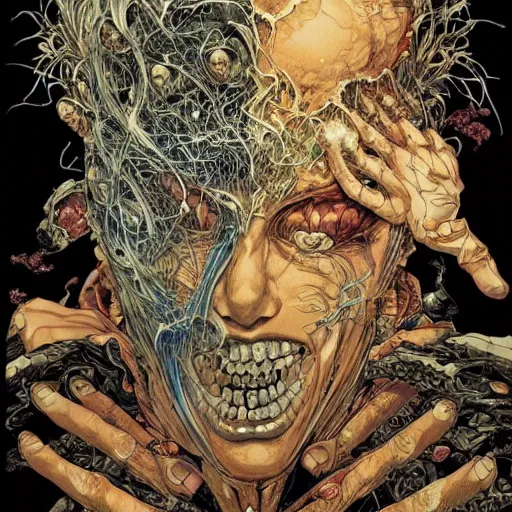 Prompt: portrait of crazy face tearing apart, symmetrical, by yoichi hatakenaka, masamune shirow, josan gonzales and dan mumford, ayami kojima, takato yamamoto, barclay shaw, karol bak, yukito kishiro