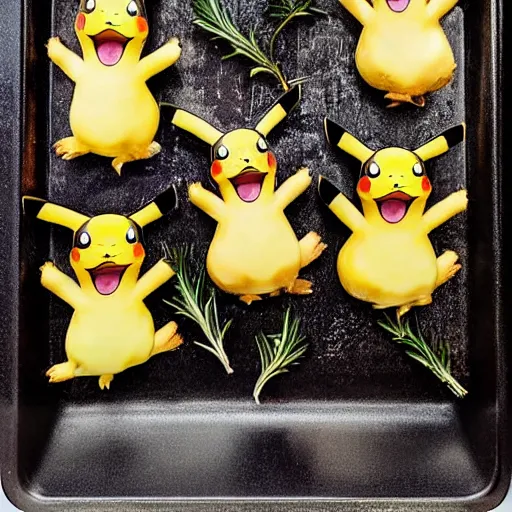 Image similar to roasted spatch pikachu in a baking tray with rosemary and thyme, cooking oil, steam, charred, ready to eat, electric sparks