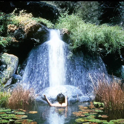 Prompt: the legend of big sir large smooth monster bathing in a small pond with a waterfall, big sur, film still