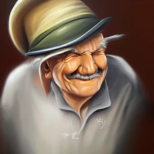 Prompt: an airbrush painting of a witty old man in a hat, smiling, trending on art station