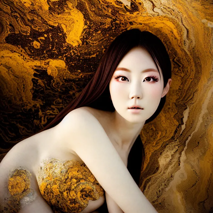 Image similar to Kodak Portra 400, 8K, soft light, volumetric lighting, highly detailed, Rena Nounen style 3/4 ,portrait photo of a Japanese ravishing Goddess by WLOP, the face emerges from a lava flowing gold travertine terraces with lotus flowers, inspired by Ophelia paint , a beautiful chic dress and hair are intricate with highly detailed realistic beautiful flowers , Realistic, Refined, Highly Detailed, ethereal lighting colors scheme, outdoor fine art photography, Hyper realistic, photo realistic