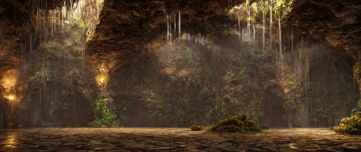 Prompt: a fantasy elven hall interior in the style of a waterfall cave, huge Greek statues, wet floors, high ceiling, dark moody lighting, foggy atmosphere, bright colors, by Denis Villeneuve, octane rendering