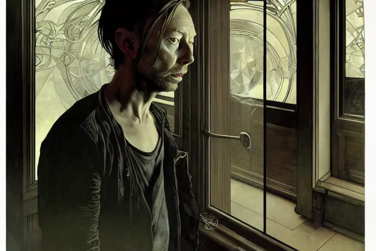 Image similar to hyper realistic portrait of thom yorke singer songwriter, side, opening a door, reflections, by lee bermejo, alphonse mucha and greg rutkowski