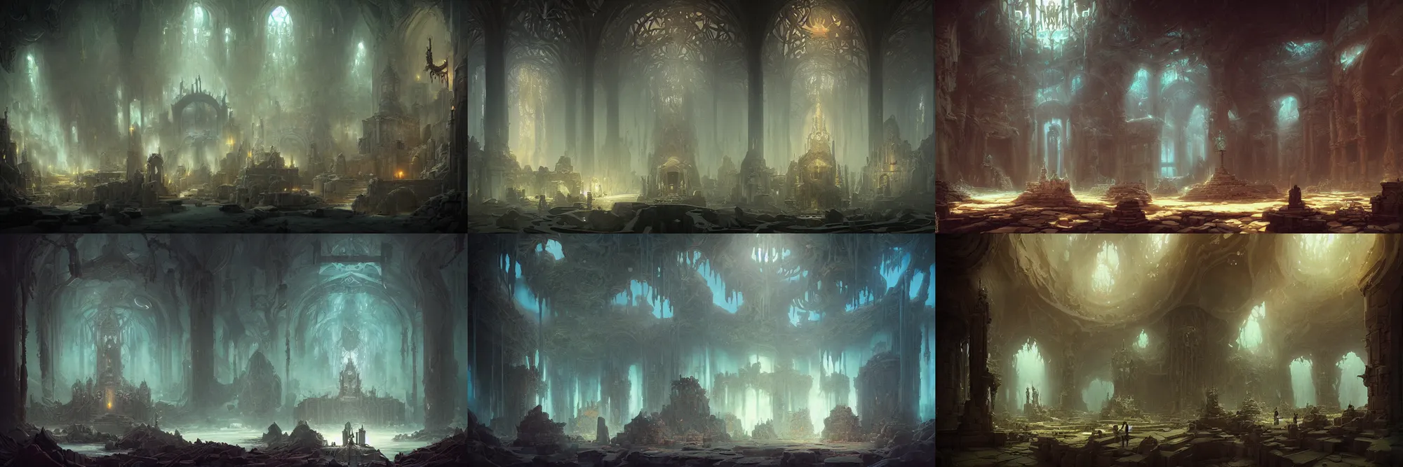 Prompt: Highly Detailed Interior of the drowned temple, shattering walls, creeping gloom, the throne room, stunning atmosphere, Peter Mohrbacher, cinematic lighting