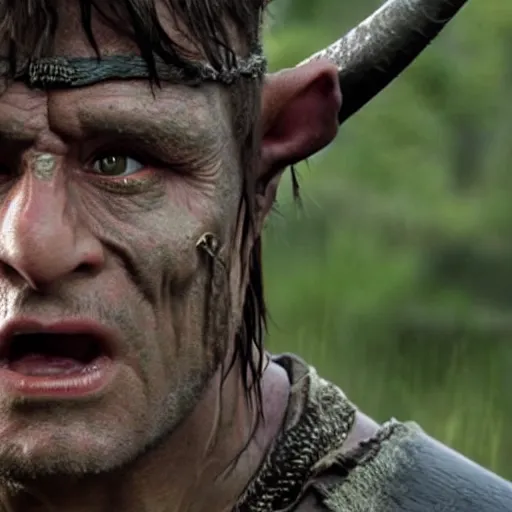 Image similar to an ultra realistic 8 k uhd digital photo of rambo as an orc from the lord of the rings movies