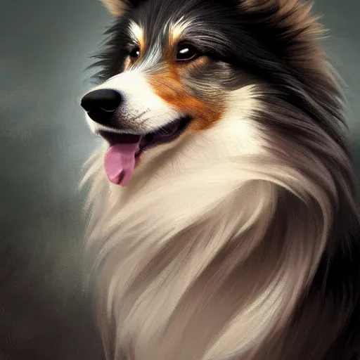 Prompt: a weredog shetland sheepdog, elegant, highly detailed, digital painting, concept art, smooth, sharp focus, illustration, art by artgerm and greg rutkowski and alphonse mucha,artstation,deviantart,FAN ART,Unreal Engine,face enhance,8K,golden ratio,cinematic lighting H 704