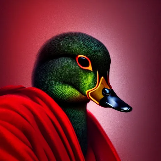 Image similar to portrait of cute mallard duck, wearing cultist red robe, inside a castle, black feathers, glowing arcane eyes, expressive oil painting, digital art, octane render