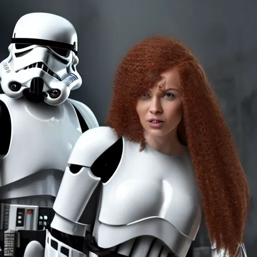 Image similar to 5 foot 1 0 fit man with short black beard and medium black well styled hair and a 5 foot 7 woman woman with long strawberry blonde hair with curly tendrils surrounding the face being captured by stormtroopers, highly detailed, high definition, ultra realistic