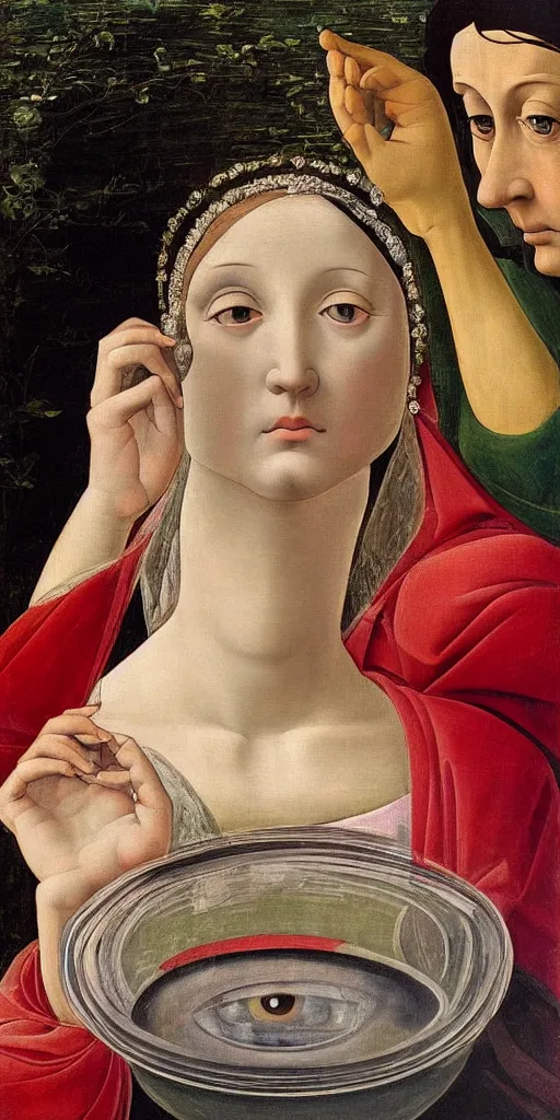 Prompt: Renaissance painting of a Fortune Teller looking into a crystal ball in the style of Botticelli, symmetrical face, accurate face, pretty
