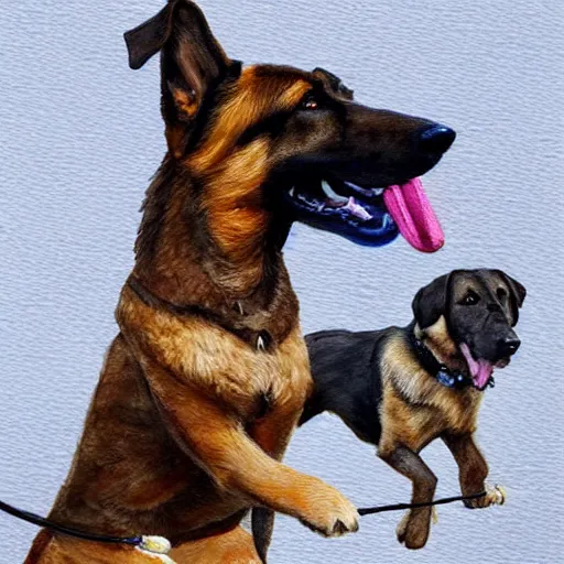 Prompt: A German shepherd and a Labrador retriever tugging on a rope, water color painting, by Victor Mosquera, Trending on ArtStation, playful
