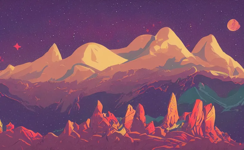 Prompt: mountains, stars and paisley filled sky, artstation, intricate, highly detailed, digital painting, concept art, sharp focus, illustration by Benjamin Lacombe and Tom Whalen