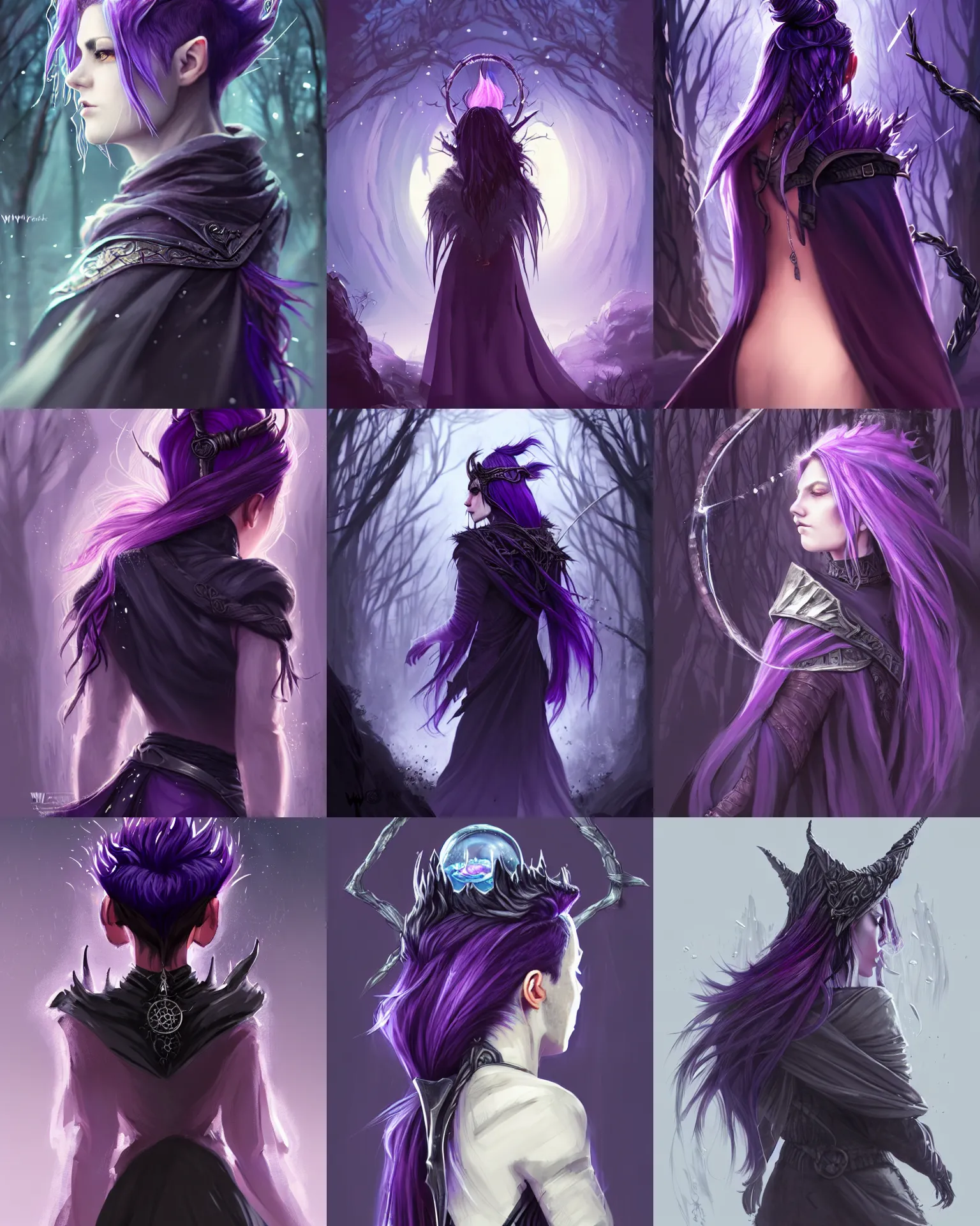 Prompt: cinematic back portrait rugged girl, adventurer outfit large cloak, fantasy forest landscape, supervillain sorceress witch, fantasy magic, undercut hairstyle, black to purple fade hair color, casting ice water magic spell circle, dark light night, intricate, elegant, sharp focus, illustration, highly detailed, digital painting, concept art, matte, art by WLOP and Artgerm and Greg Rutkowski and Alphonse Mucha, masterpiece