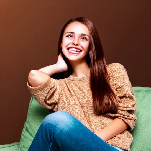 Image similar to a cute young woman smiling, long shiny bronze brown hair, full round face, green eyes, medium skin tone, light cute freckles, smiling softly, wearing casual clothing, relaxing on a modern couch, interior lighting, cozy living room background, medium shot, mid-shot, soft focus