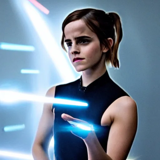 Image similar to photo of emma watson holding bright energetic thunderbolts in her hands. cinematic