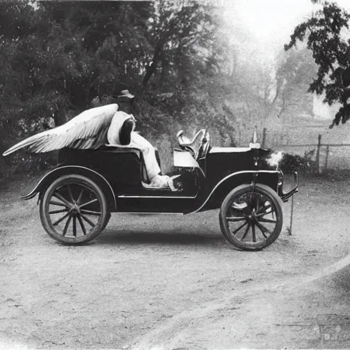 Image similar to an oldie car with wings and horse black-white retro photo 1910, man in front