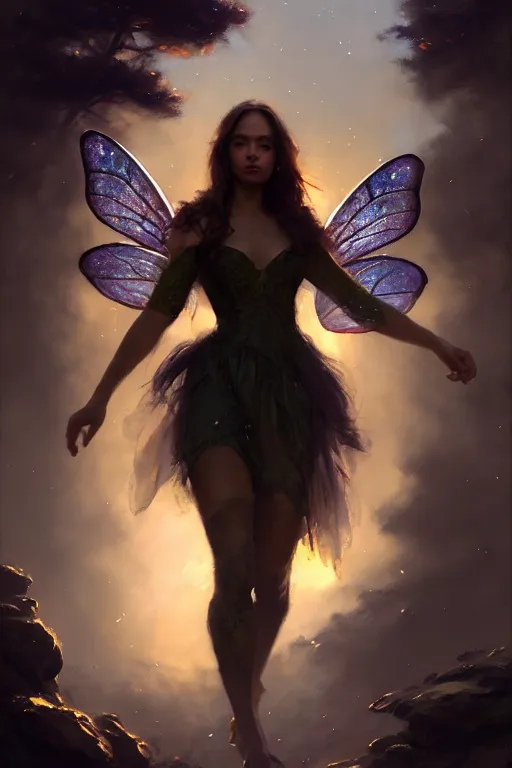 Image similar to cinematic shot of an epic portrait of a fairy dressed in military clothes, shiny skin, beautiful eyes, beautiful, small details, night setting, realistic poster with volumetric light from craig mallism, artgerm, jeremy lipkin and michael garmash, unreal engine, radiant light, detailed and complex environment, digital art, trends at art station, a masterpiece