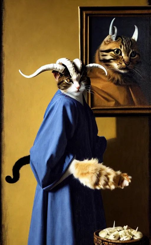 Image similar to a bipedal cat that has goat horns, anthropomorphic cat that is wearing robes, oil painting, by johannes vermeer, dnd, character reveal, cosmic, magical, fog, noble, full body portrait, intricate, ornate, extremely detailed, cult, ritual, 4 k, 8 k