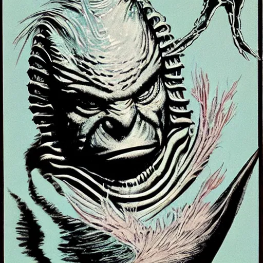 Image similar to gill - man from creature of the black lagoon by gerald brom and andy warhol