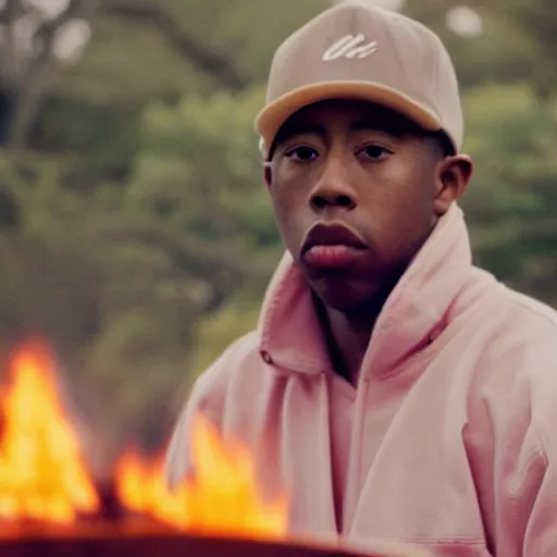 Prompt: cinematic film still of rapper Tyler The Creator starring as a Japanese Sensei with fire, Japanese CGI, VFX, 2003, 40mm lens, shallow depth of field, film photography