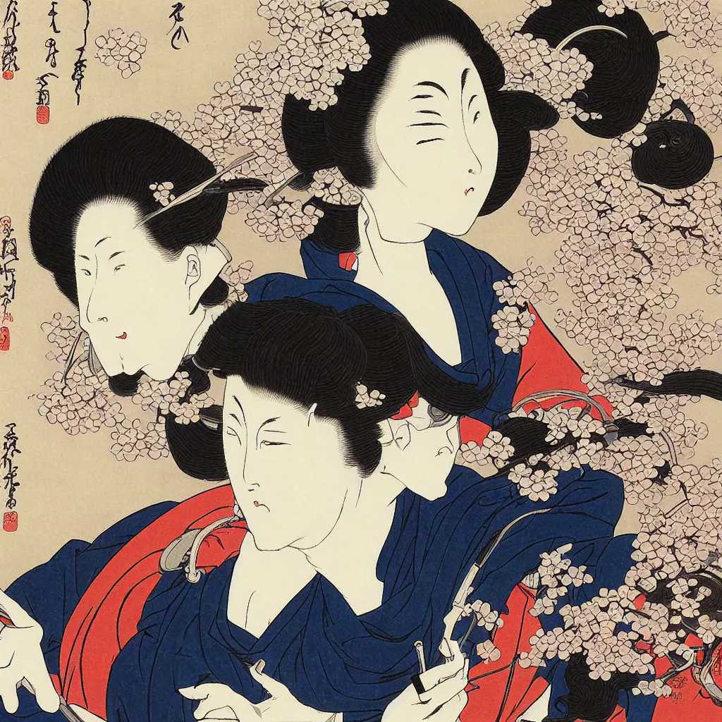 Prompt: i, a beautiful woman wearing headphone and playing iphone, by hokusai