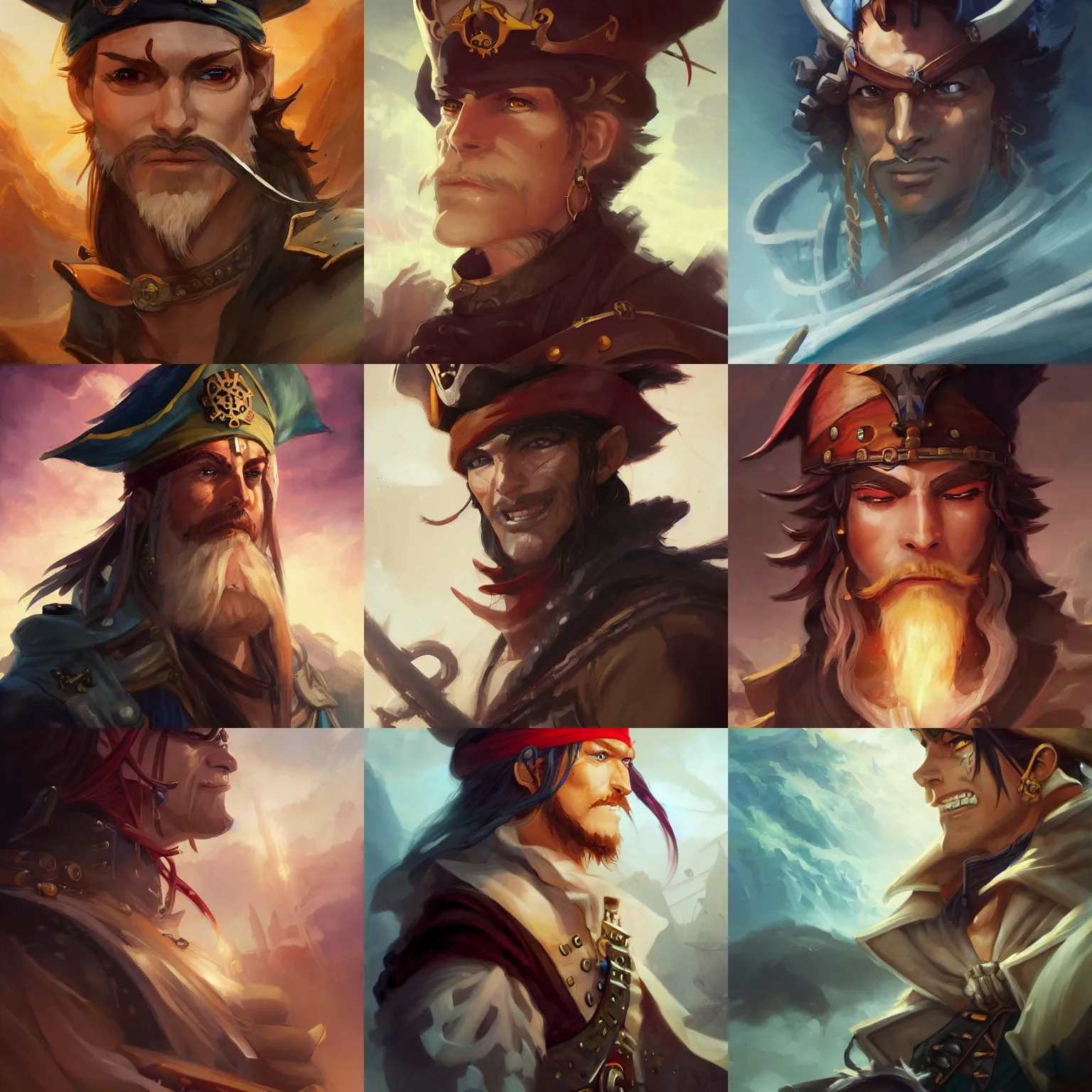 Prompt: a high fantasy anime pirate captain on a ship, by peter mohrbacher and craig mullins, face close up, official media, beautiful, dungeons and dragons portrait, detailed, high quality, wallpaper 4 k, epic, trending on artstation and behance, dynamic lightning
