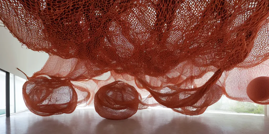 Prompt: biomorphic structures out of stocking - like material and nets that fills with various objects like spices, sand and rocks by ernesto neto, light - mint with dusty pink color