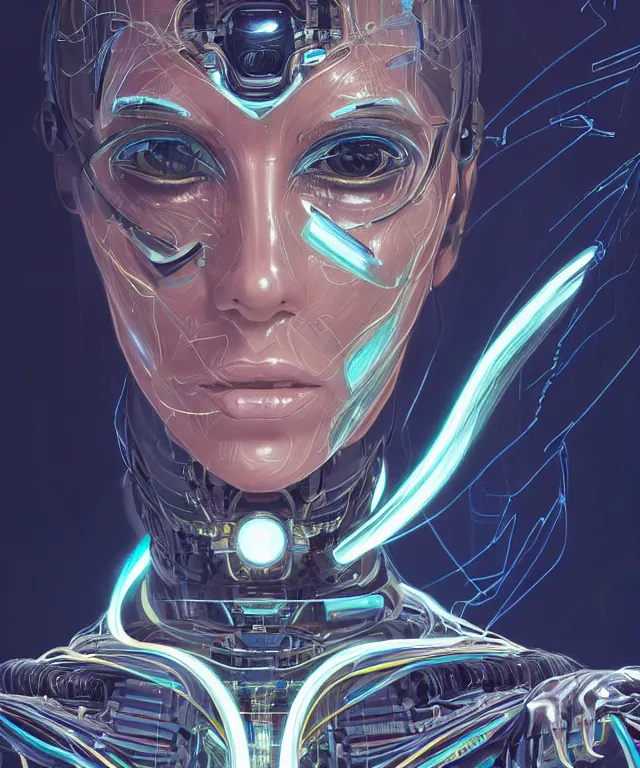 Prompt: a woman turning into an mecha android portrait wearing a part cybernetic mecha body, surrealism , scifi, intricate, elegant, sharp eyebrows, ornate long flowing hair, highly detailed cybernetic body, neon glowing eyes, digital painting, artstation, concept art, smooth, sharp focus, illustration, art by Artgerm and moebius and Peter Mohrbacher