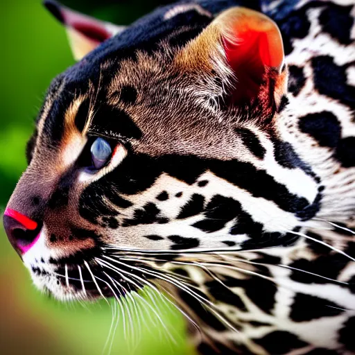 Image similar to profile shot of a black and red ocelot with black background, high contrast, abstract
