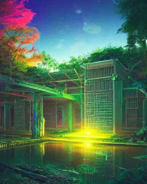 Image similar to architecture by john william casilear, infrared lake lightpaint cyberpunk vaporwave uv light rainforest nightsky nature morning sun meadow at night reclaimed by nature, archdaily, wallpaper, highly detailed, trending on artstation.