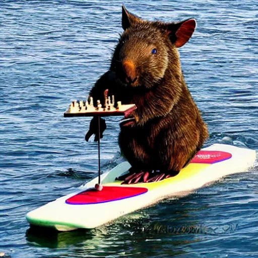 Image similar to wombat playing chess on spider - man painted paddle ski on waves dark ominous big waves dramatic